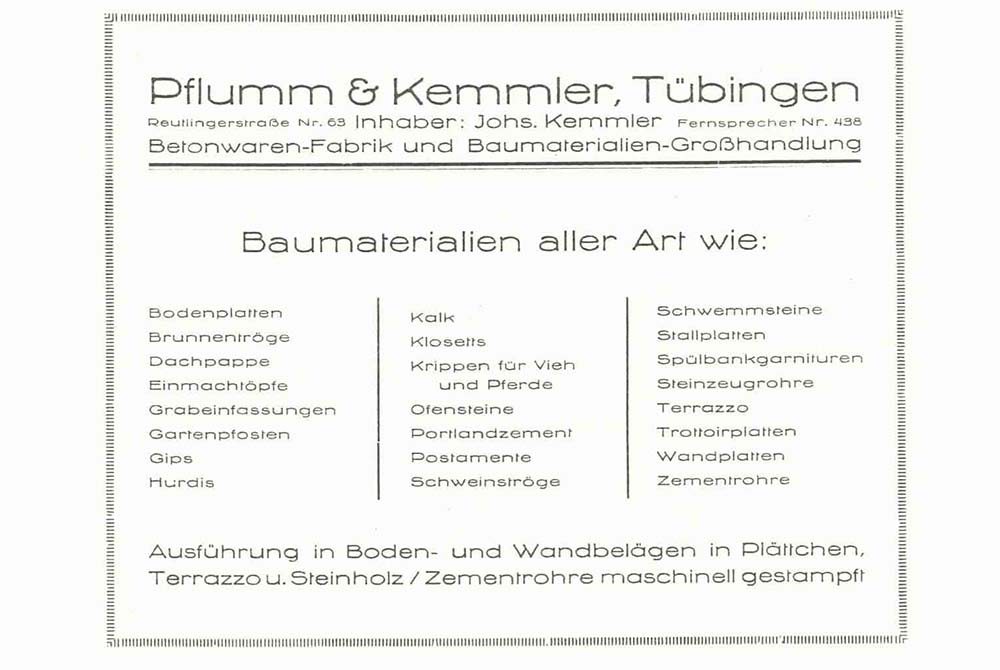 Anzeige „Pflumm & Kemmler Tübingen“ von 1926: Kemmler Geschichte der Zementwarenfabrik und Baumaterialienhandlung – Kemmler Tradition, Familiengeschichte Kemmler, Entstehung Firmen-Familie Kemmler.