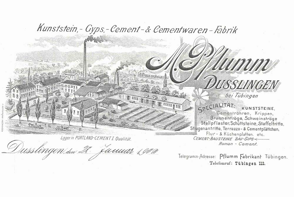 Briefkopf der Pulvermühle: Kemmler Geschichte – Gründung 1885 durch Michael Pflumm in Dußlingen, Ursprung der Kemmler Tradition und Familiengeschichte Kemmler.