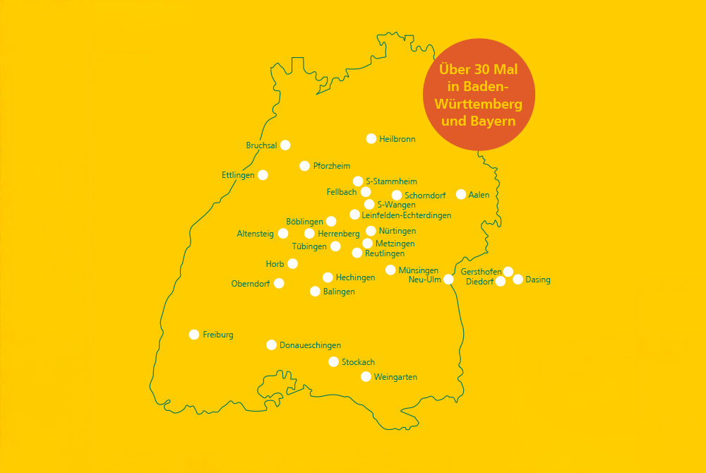 Karte der Kemmler Niederlassungen: Kemmler Geschichte der Expansion mit fünf neuen Standorten – Kemmler Tradition, Familiengeschichte Kemmler, Entstehung Firmen-Familie Kemmler.